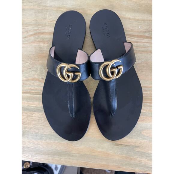 Gucci Women's Marmont GG T-Strap Thong Sandals Flip Flops Black EU 39.5 US 9.5 - Picture 1 of 8